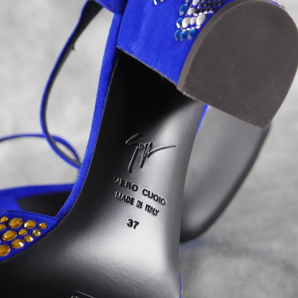 Giuseppe Zanotti LAVINIA Blue Suede Crystal Peep Toe Heels Size 7* US 37 EU S1E1 - Picture 11 of 12